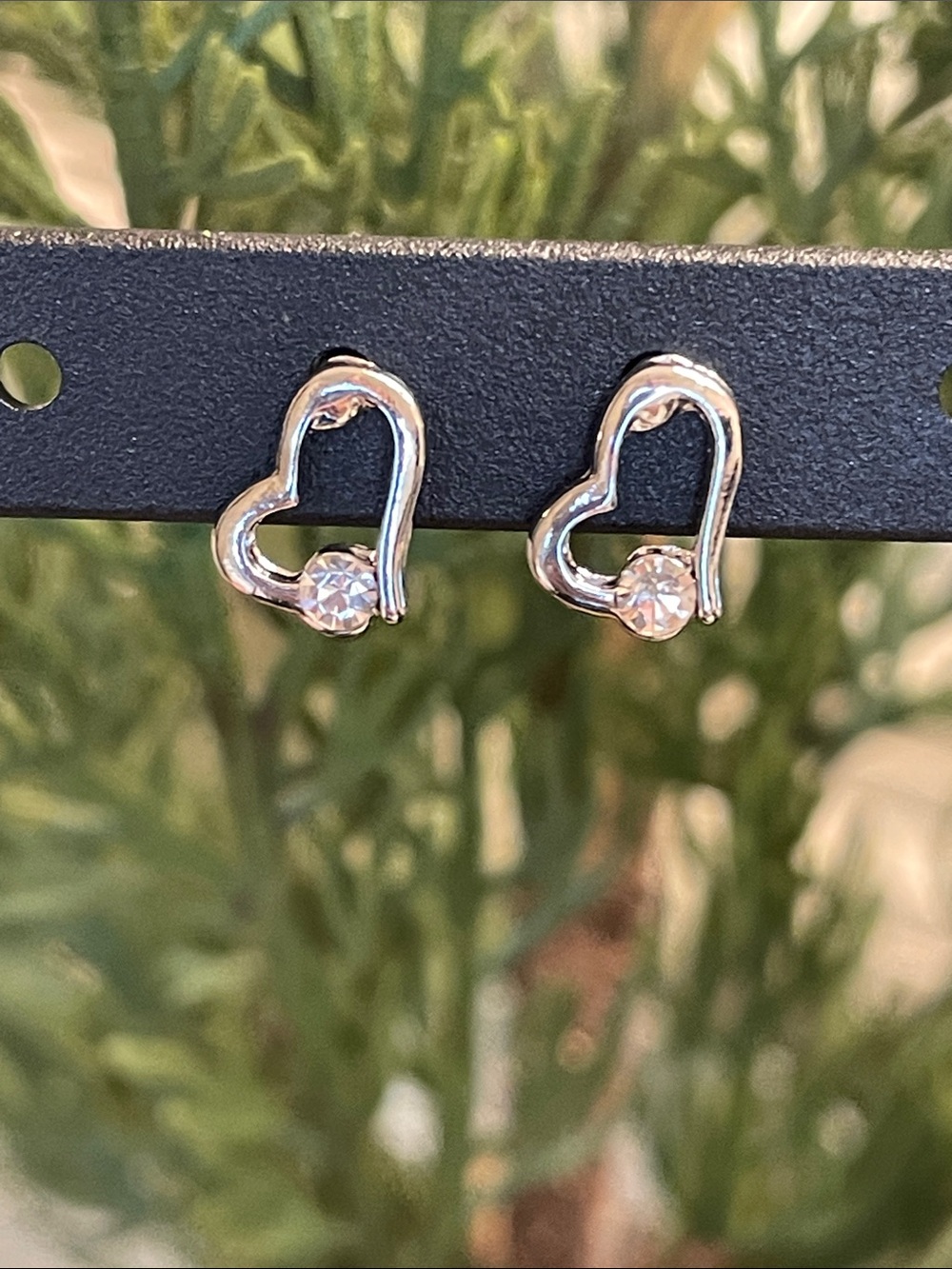 Silver Heart Stud Earrings with Crystal Accent - Women Jewelry